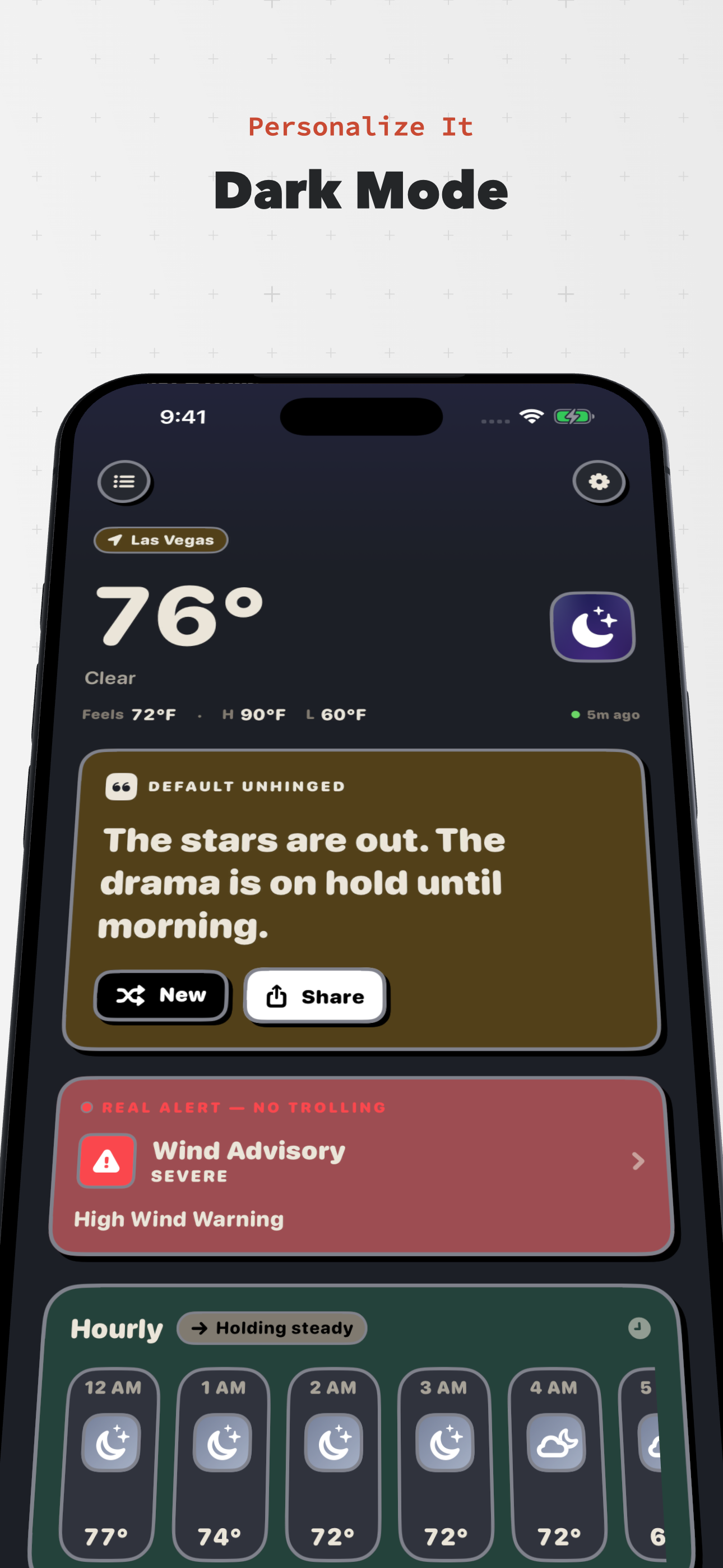 Dark mode screenshot of the This Weather Ducks home forecast screen.